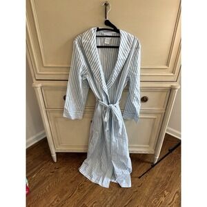 Vintage National Blue‎ White Striped Cotton Blend Full Length Robe Medium EUC